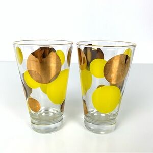Pair Russel Wright Eclipse Polka Dot Gold Yellow Highball Tumbler Vtg MCM Set 2